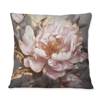 Or rose avec pivoines et pétales - Coussin imprimé pivoines