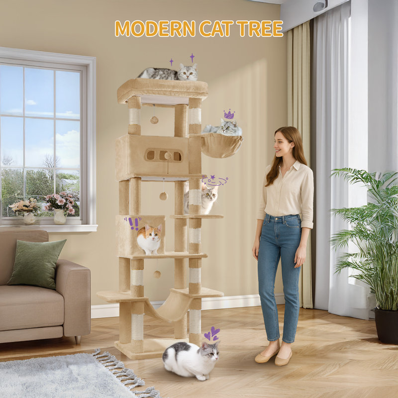 Cat Tree for Indoor Cats, Large Tall Cat Tower, Multi-Level Cats House with Condo, 8 Scratching Posts, Hammock, 4 Pom Poms