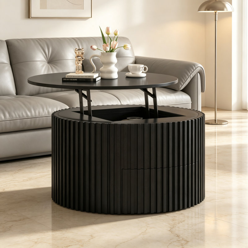 Table basse à plateau relevable VIBE HAUS, table d'appoint moderne en bois cannelé avec rangement caché pour le salon, Noir