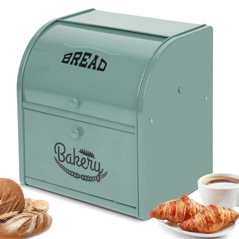 Boîte à pain en acier inoxydable, boîte à pain à 2 compartiments avec couvercle à enroulement, grand contenant de rangement pour aliments pour le comptoir de la cuisine, boîte à pain en métal, porte-pain pour comptoir, (vert)