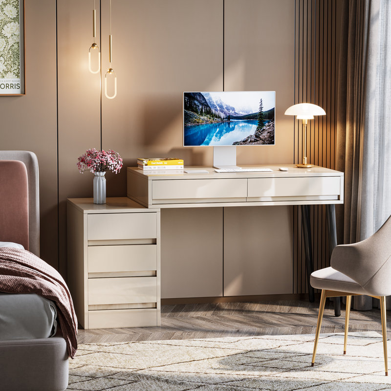Adjustable Computer Desk with 5 Drawers, Modern Home Office Desk with High Glossy Finished