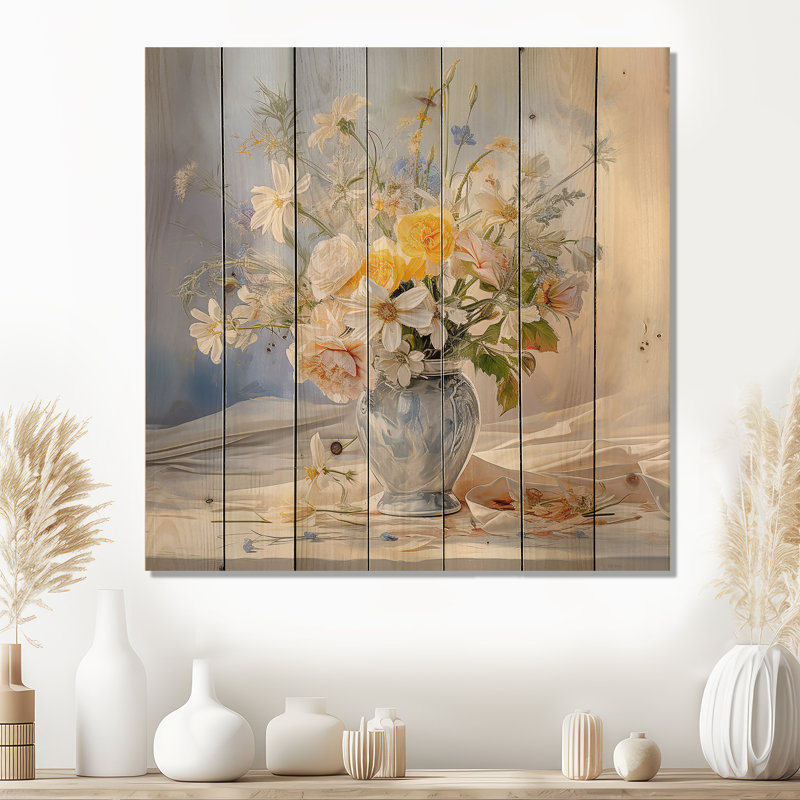 Élégant bouquet de fleurs dans un vase, charme champêtre - fleurs, art mural sur bois de pin naturel, H 30 po x l 30 po
