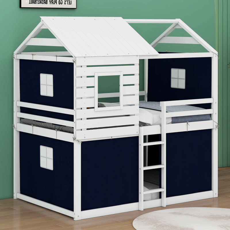 Yaraghi Bunk Wood House Bed with Tent, Full Over Full, Blue/White