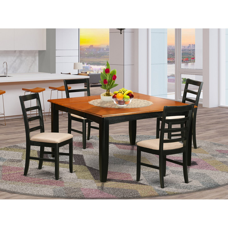 L'ensemble de salle à manger 5 pièces comprend une table carrée avec rallonge papillon et 4 chaises de salle à manger en tissu de lin, noir et cerise