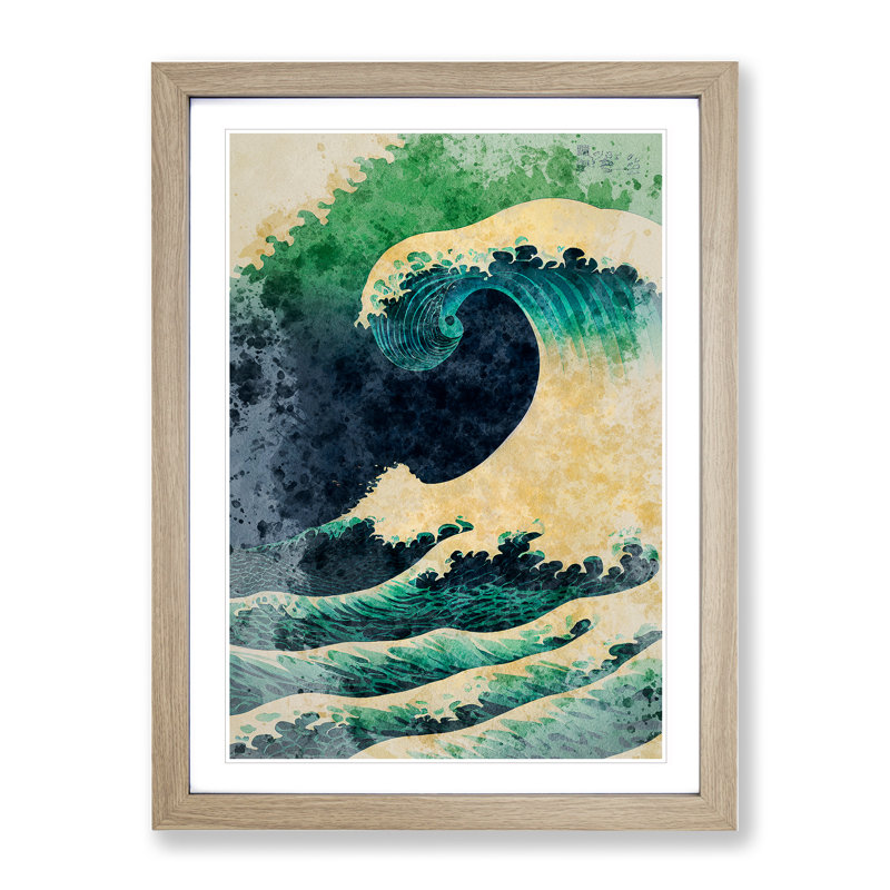 Watercolour Japanese Wave No.5 - Wall Art, Oak Framed, White, 64cm H x 46cm W