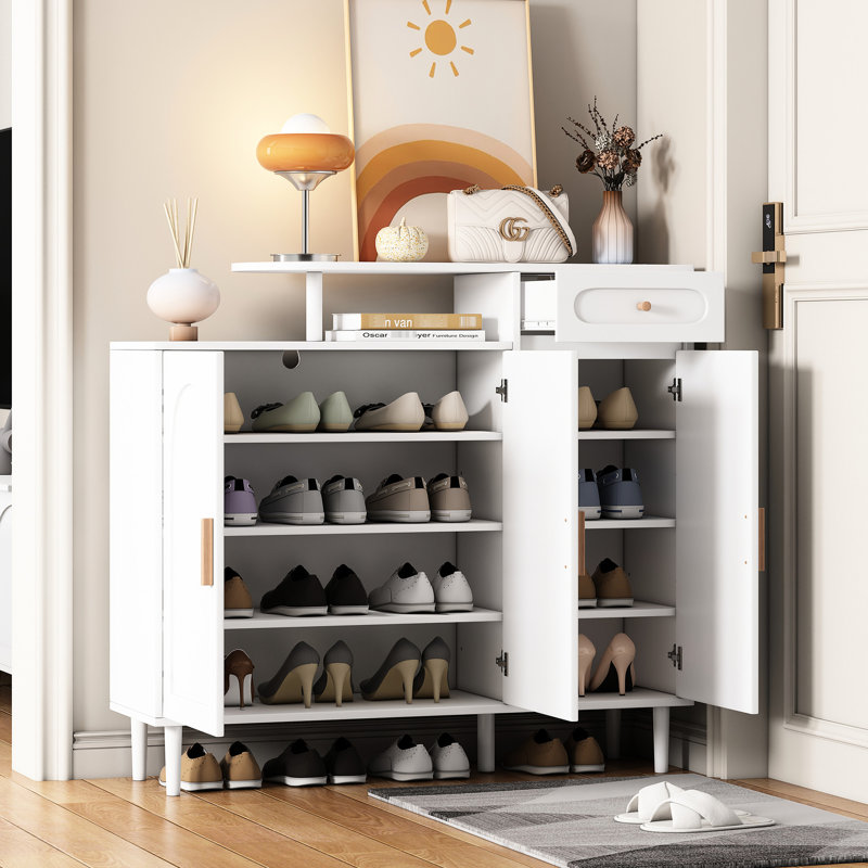 Armoire à chaussures à porte arquée en blanc, avec tablettes et ensembles réglables, pour le salon, le vestibule, les tablettes supérieures courbées blanches, l'espace, le bureau spacieux,