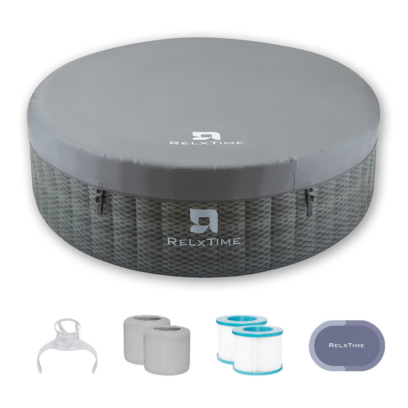 4-6 Person Round Outdoor Spa Portable Inflatable Tub With Control Panel, 130 Soothing Bubble Jets With Heater Pump, Filter Cartridge, Grey
