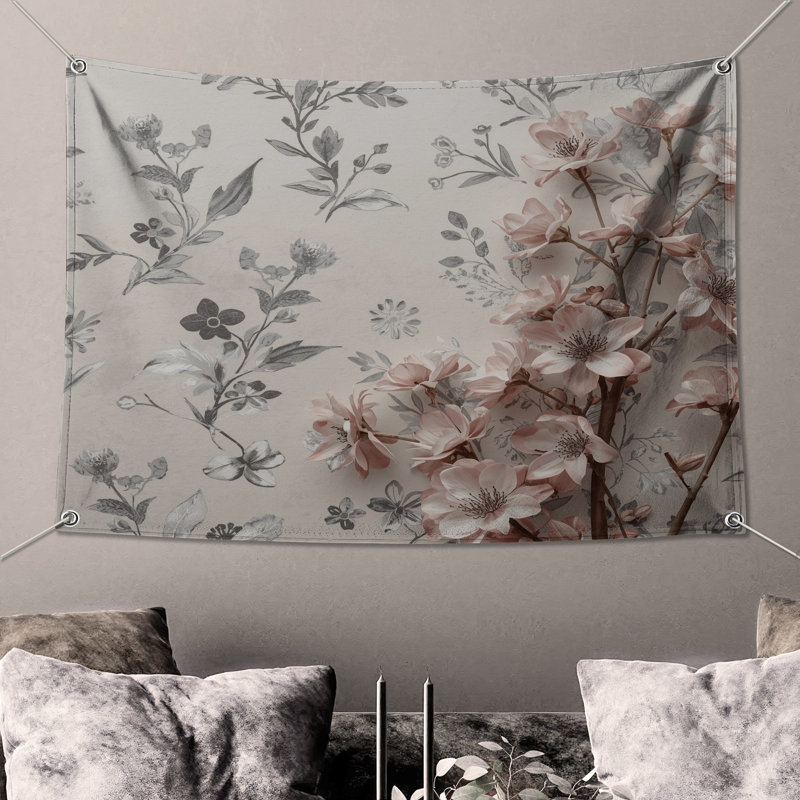 Tapisserie murale branche de cerisier rose - décoration murale cerisier en fleurs, 50in H x60in W with 4 Grommets