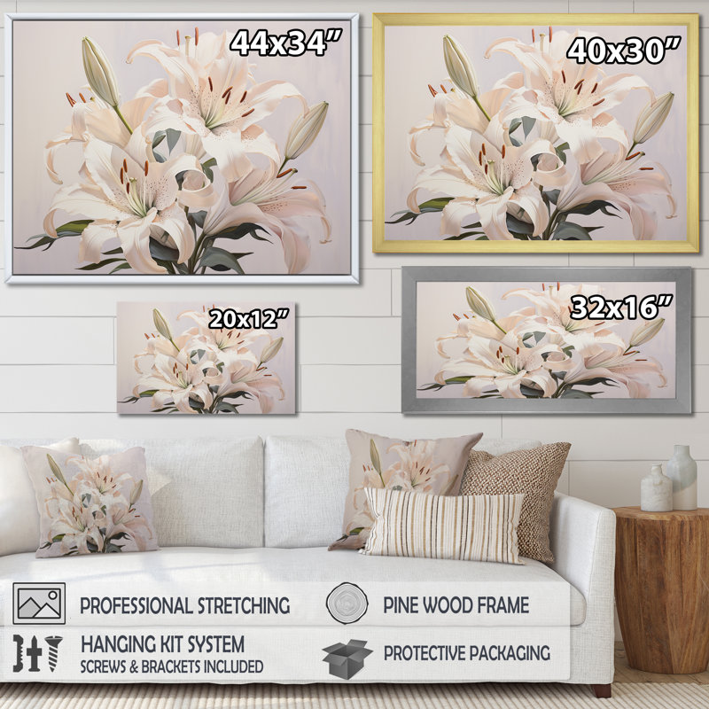 Lys blancs en fleur II sur toile, Cadre simple noir, H 16 po x l 32 po x P 1 po