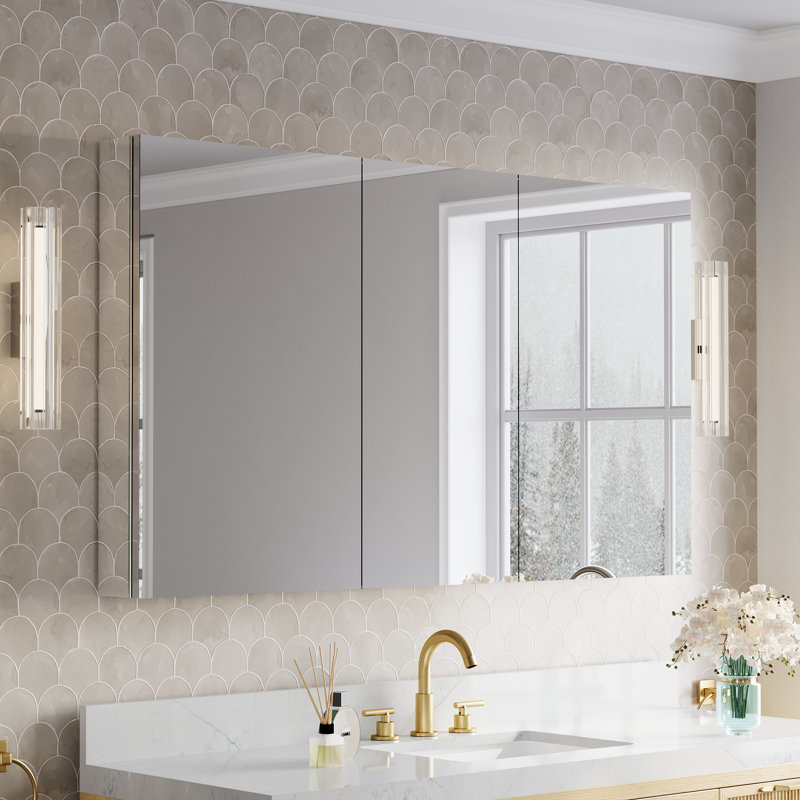 Ensemble d'armoire à pharmacie encastrée ou murale avec miroir de salle de bain et étagères en verre ajustables, 56 po L x 32 po H