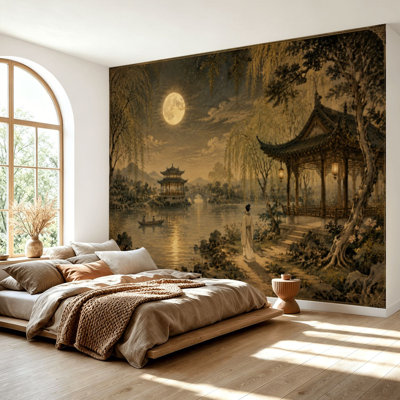 Wall Mural Peel and Stick Wallpaper Traditional Asian Landscape Pagodas Full Moon Sepia Tones Self-Adhesive Removable Contact Paper Wall Decor for Living Room Bedroom 69"H x 96"W