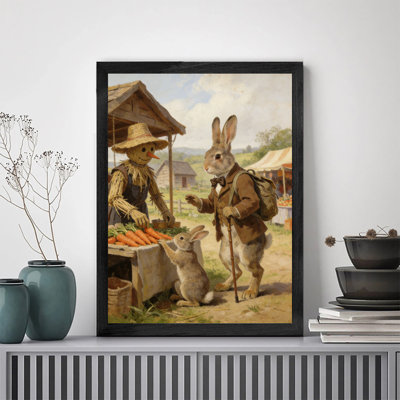 Reproduction d'art encadrée de lapin et homme vendant des carottes prêt à accrocher, impression haute définition sur toile