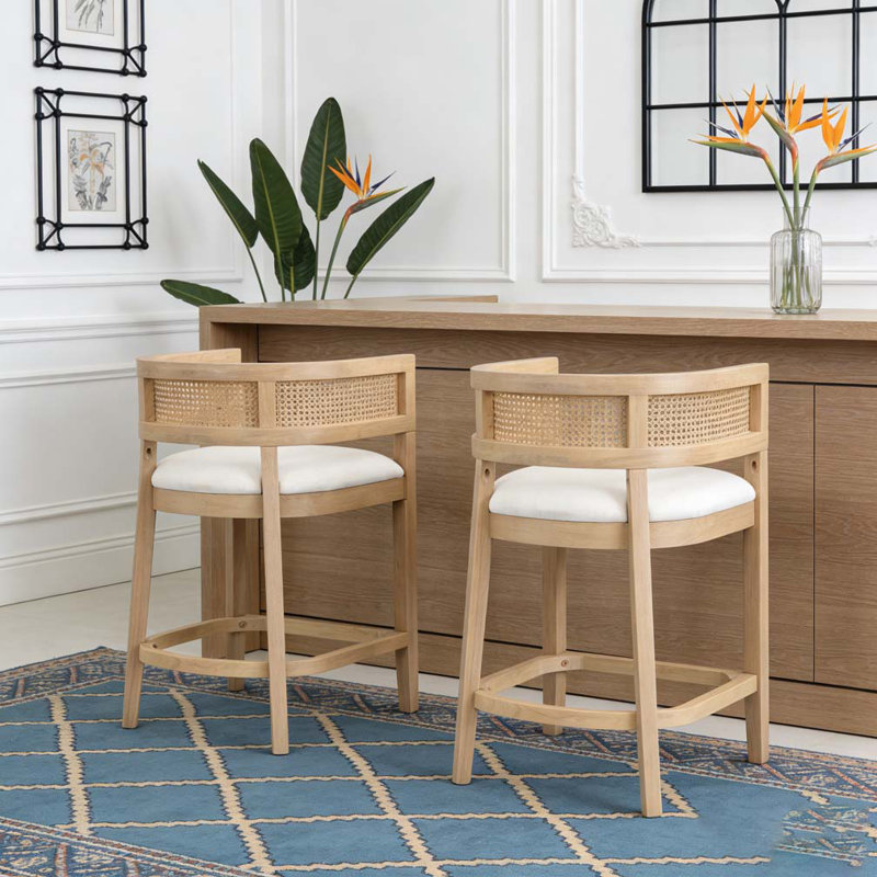 Wood And Rattan Upholstered Arm Counter Stools, Beige,Natural Ash