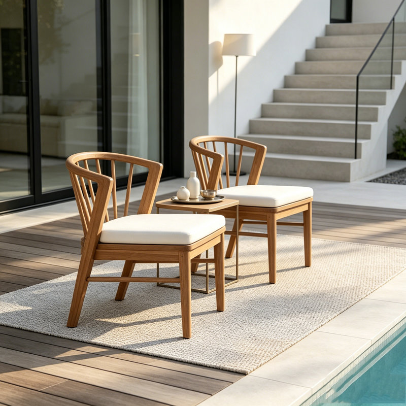 Ensemble de 2 chaises de salle à manger d'extérieur avec structure en bois d'acacia et coussin crème, Teak