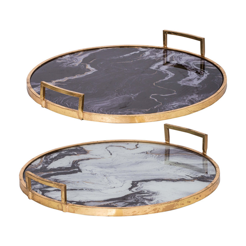 Ensemble de 2 plateaux décoratifs avec poignées, noir et blanc, faux marbre
