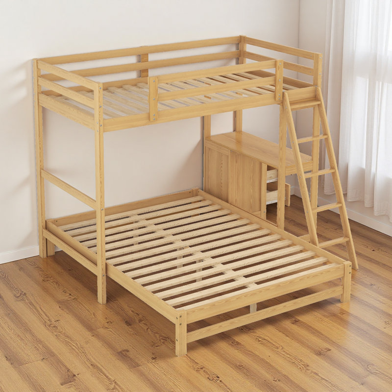 Twin Over Full Bunk Bed With Built-in Desk & 3 Drawers - Convertible Loft Bed With Storage & Study Space, Natural