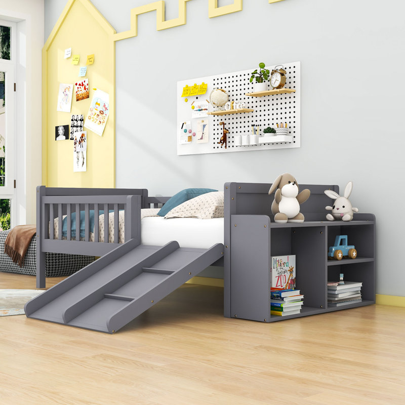 Twin Low Loft Bed with Slide, Movable Shelves and Guardrails, Gray