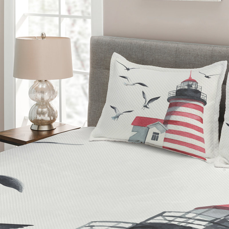 King Size White Quilted Bedspread Set with Lighthouse Design