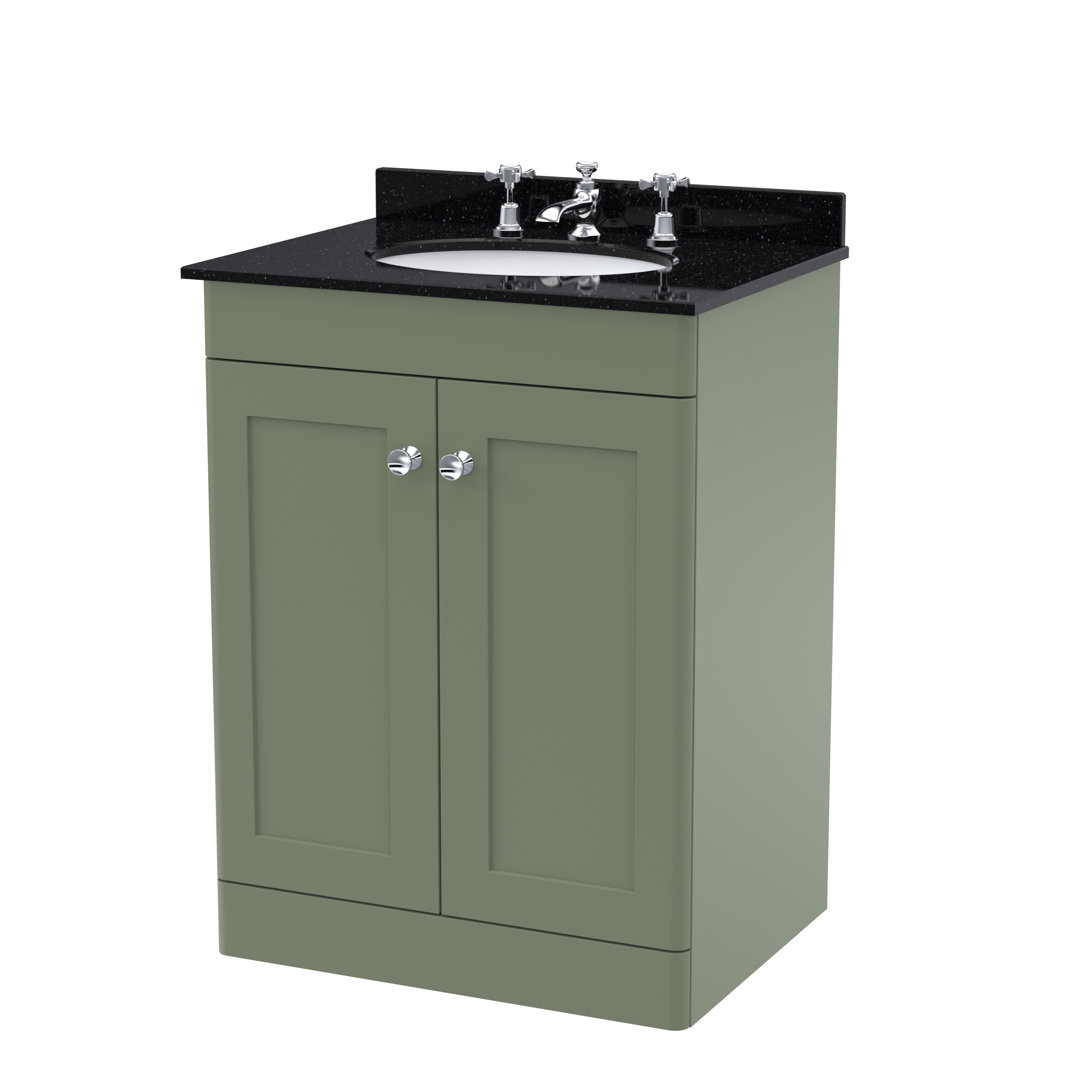 Nuie Satin Green Classique 2 Door Vanity Unit With Black Marble Countertop And Round Basin With 3 Tap Holes | | Mdf | 600Mm - Image 3