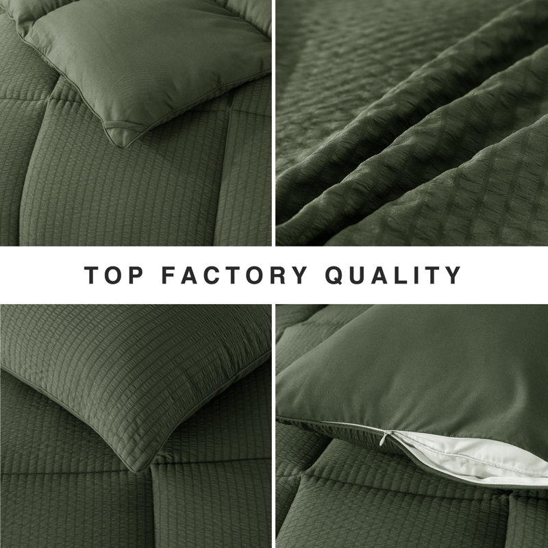 All Season Down Alternative Quilted Comforter Set-Soft Microfiber Seersucker Bedding Set Textured, Sage Green