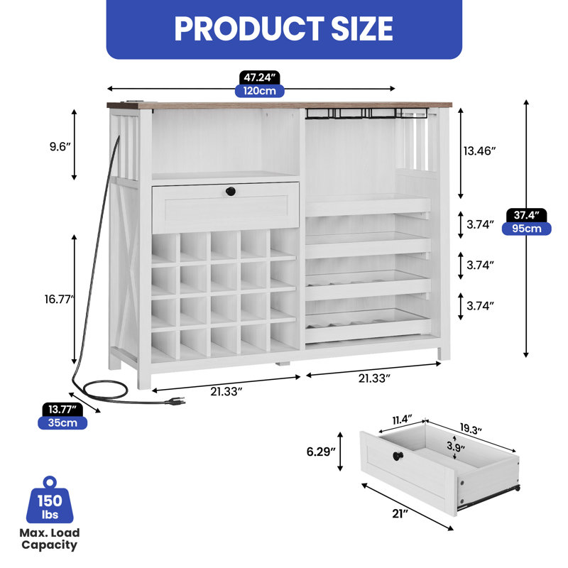 47” White Wine Bar Cabinet with Charging Station