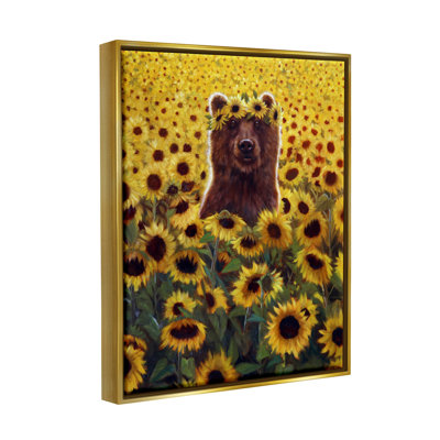 «Happy Bear Sunflower Field», peinture sur toile à cadre flottant