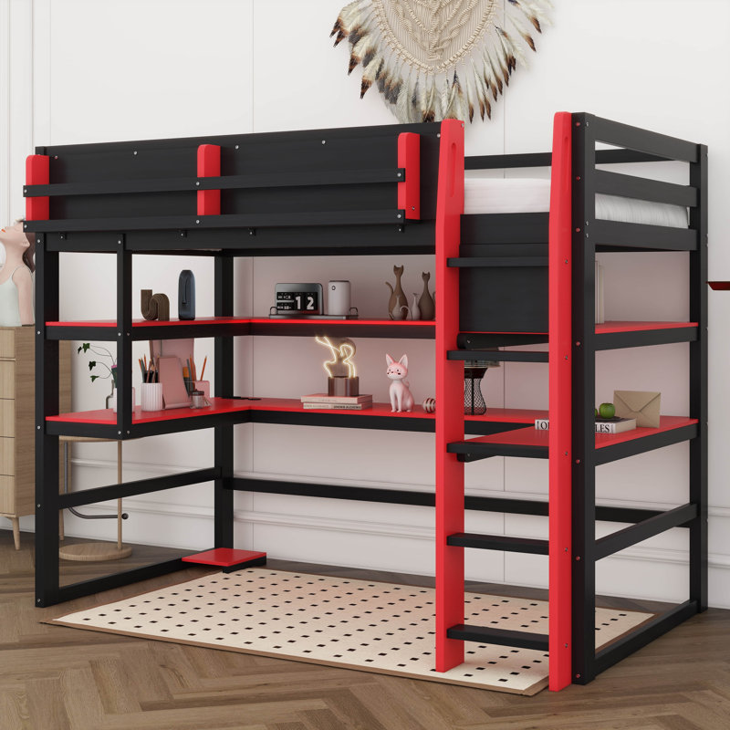 Lit mezzanine en bois Gaming, Lit simple, Rouge