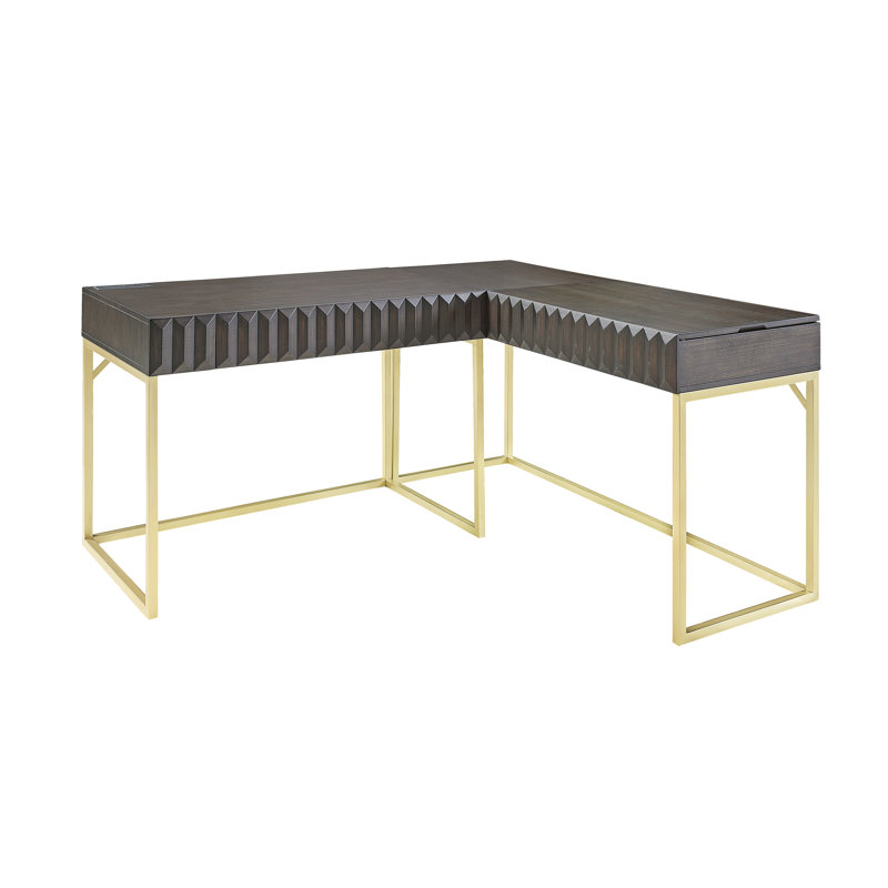 Livengood 56.75"W L-Shaped Writing Desk Set with Power Outlet, Walnut/Gold