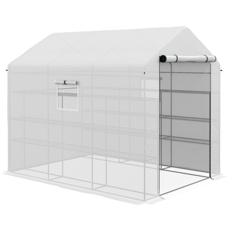 Outsunny 8' x 6' x 7' Walk-in Greenhouse with Mesh Door and Windows, 18 Shelf Green House with Trellis, Plant Labels, UV protective for Growing Flowers, Herbs, Vegetables, Saplings, White