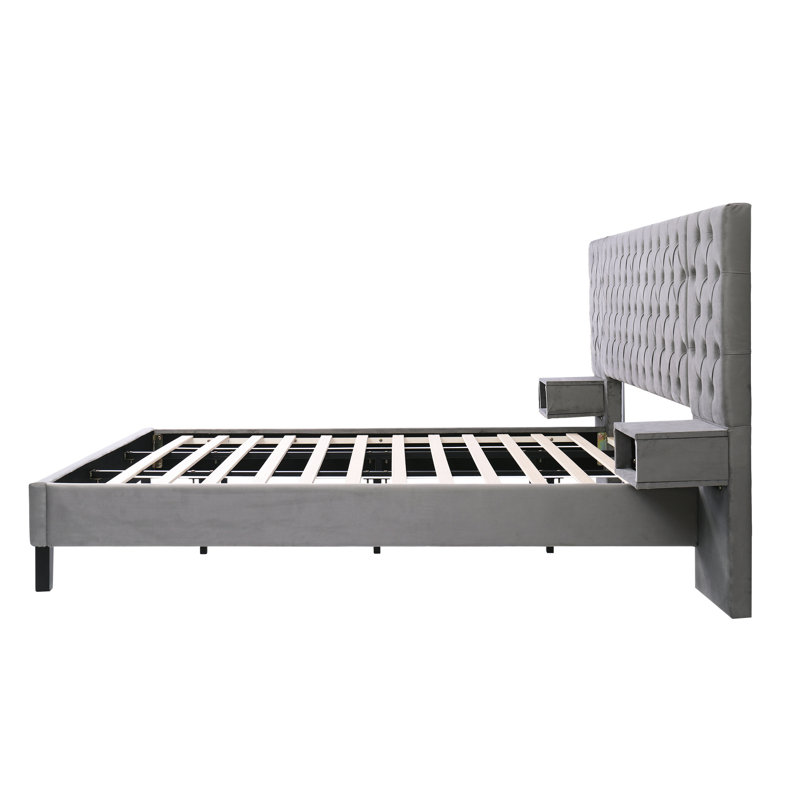 Modern King Size Bed With Headboard - Grey Velvet Upholstered, 2 Nightstands, Diamond , No Box Spring, Wood Construction, Quick Assembly Bedroom Trait Feature