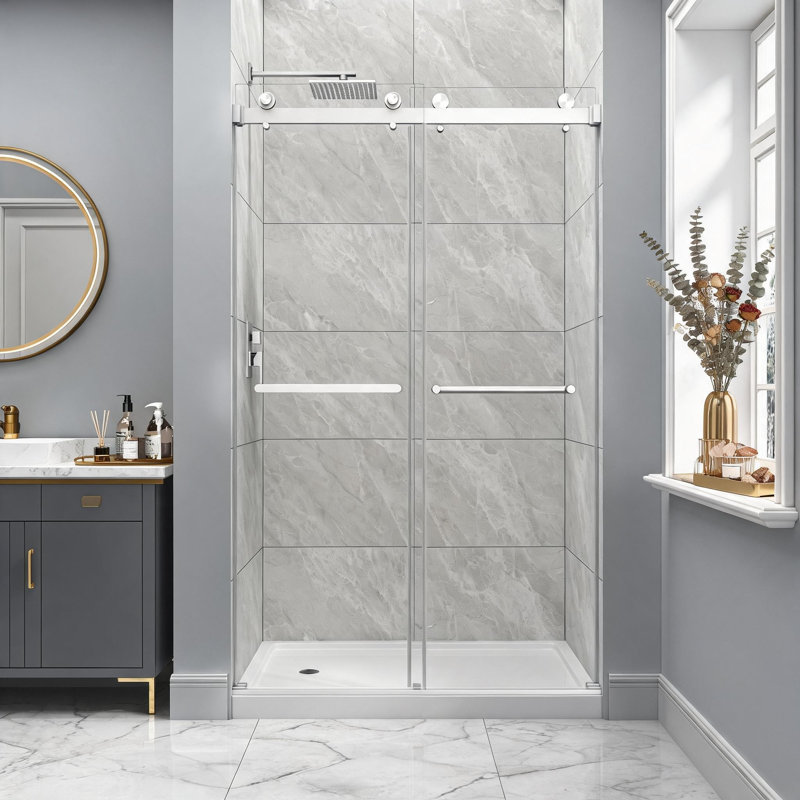 Porte de douche coulissante double en verre trempé nickel brossé de 109 à 122 cm avec pellicule nano anti-explosion