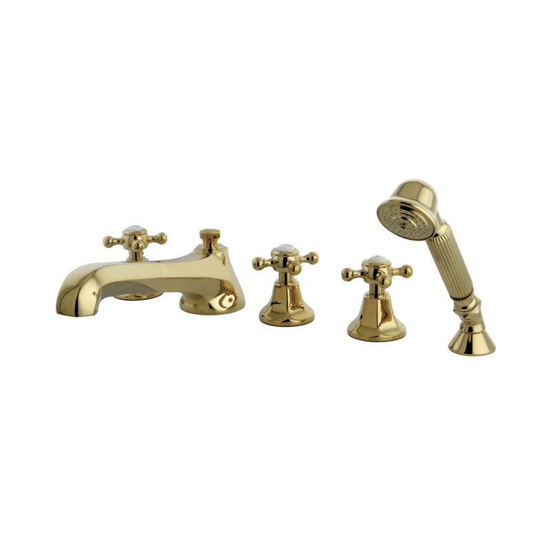 Metropolitan Triple Handle Deck Mounted Roman Tub Faucet Trim with Handshower, Polished Brass