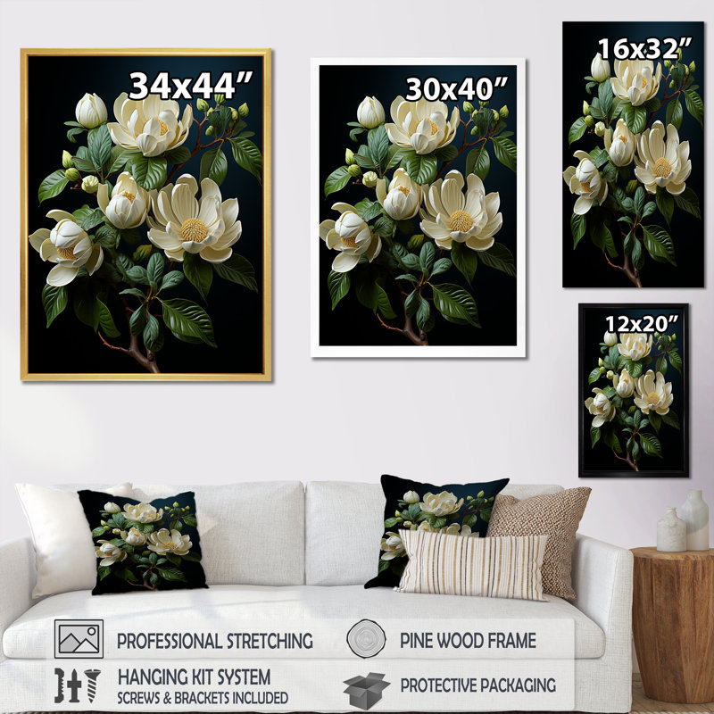 Art mural beige - Magnolias, H 44 po x l 34 po x P 1,5 po, Cadre flottant blanc
