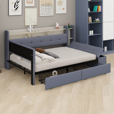 Lit de jour moderne rembourré avec repose-pieds de rangement, tablettes, 2 tiroirs, station de charge USB et lumières DEL