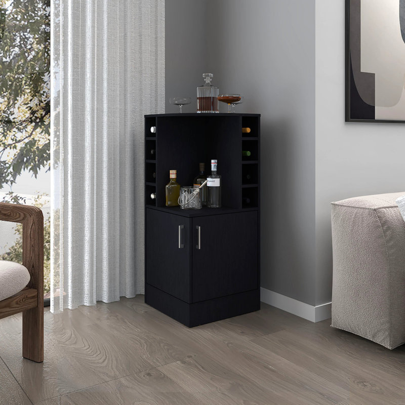 Corner Bar Cabinet With Bottle Rack And Open Shelf, Black