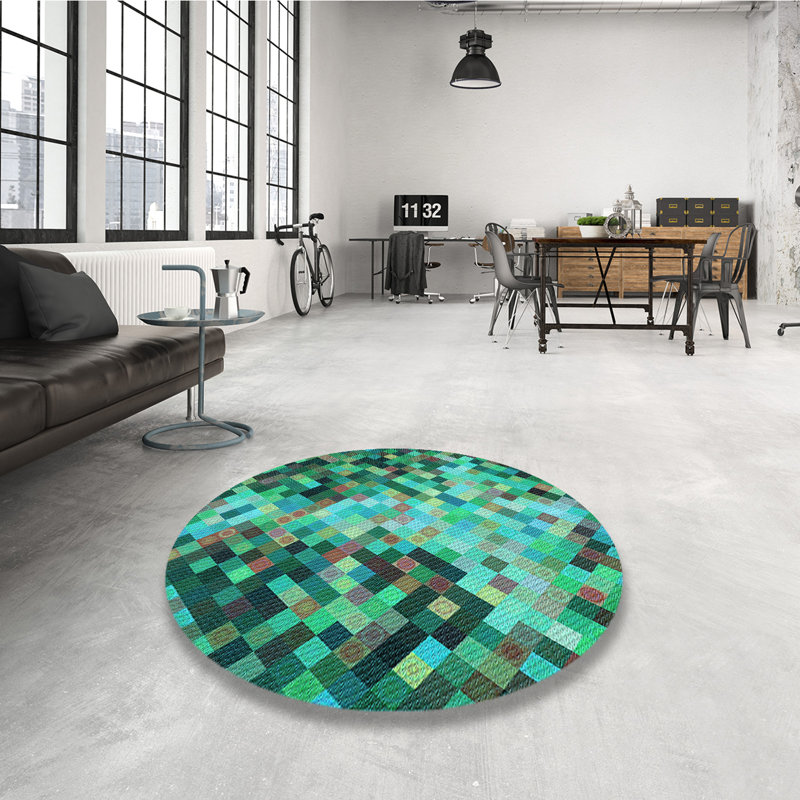 Tapis bleu sarcelle géométrique en laine, Rond 3 pi