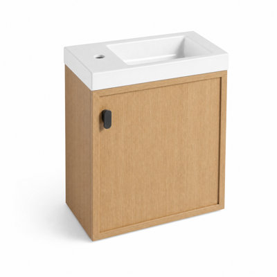 Ensemble de meuble-lavabo mural 18,5 pouces avec lavabo en résine, armoire flottante à une porte en bois naturel, ensemble de meuble-lavabo compact pour petite salle de bain