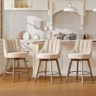 Counter Height Bar Stools,Swivel Bar Stools with Backs,Barstools Set of 3,26'' Solid Wood Legs,Thick Seat Upholstered Linen Fabric Counter Height Stools in Sand