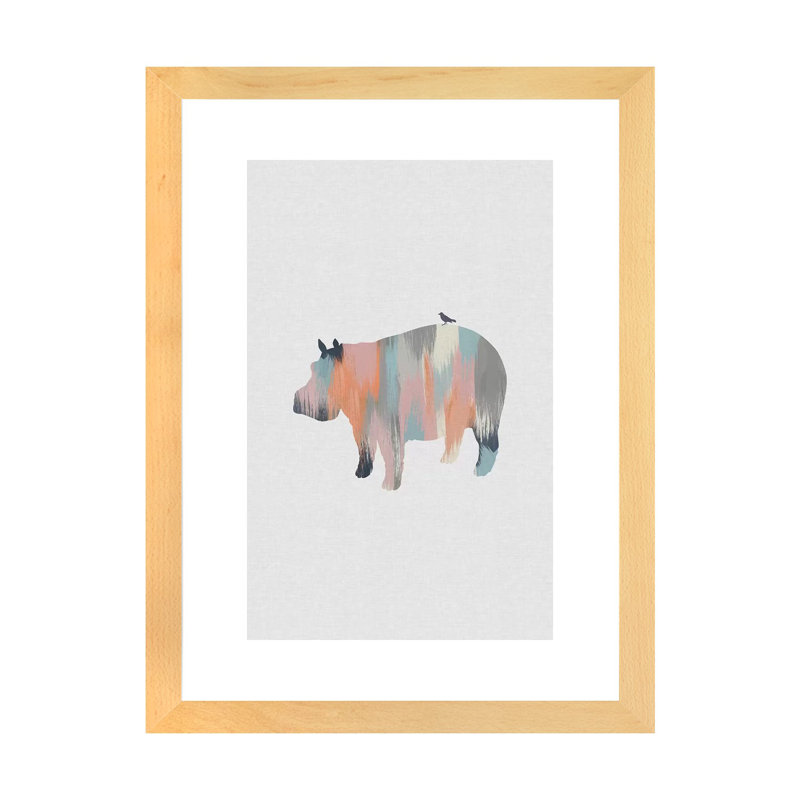 Pastel Hippo - impression d'art graphique, H 32 po x l 24 po x P 1 po, Papier encadré de bois naturel
