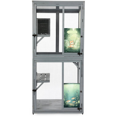 70-inch Wheeled Outdoor Cat House With Multiple Activity Platforms For Cats, Private Sleeping , Lockable Doors And Personalized Color Panels Gray Enclosure Wheels, Roomy Climbing Areas, - Shaped