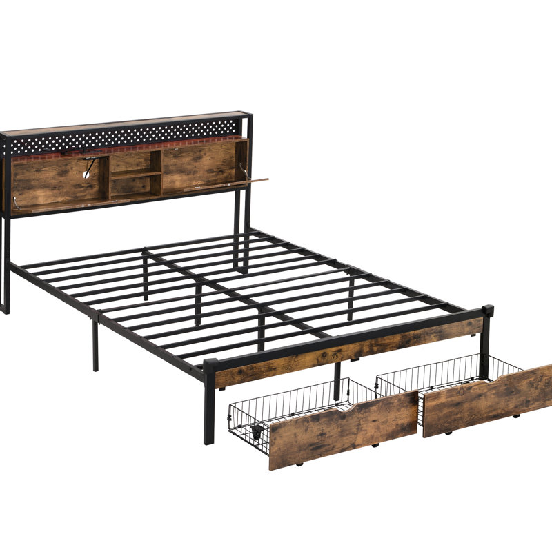 Lit plateforme en métal avec tête de lit en bois, 2 tiroirs de rangement, prise de recharge, éclairage DEL, sans sommier, montage facile, cadre supportant jusqu'à 272 kg, tête de lit, tiroirs, installation simple.