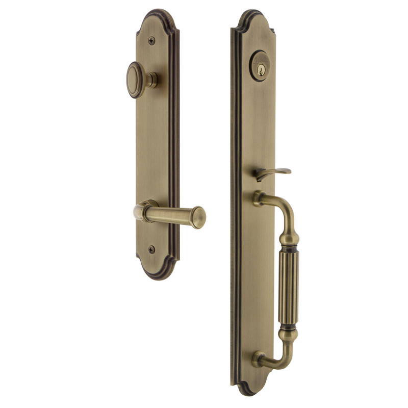 Arc Handleset with Deadbolt and Georgetown Door Lever and Rosette, Vintage Brass, 2.75", Right
