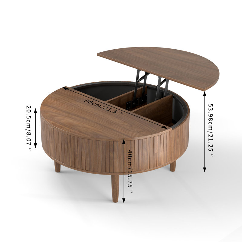 Table basse cannelée à plateau relevable avec rangement, table de cocktail à hauteur réglable pour le salon, Noyer