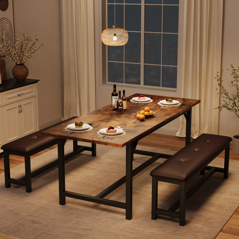 Ensemble de table de salle à manger avec 2 bancs, table de salle à manger rectangulaire en grain de bois industriel avec bancs revêtus de polyuréthane, ensemble de table de salle à manger pour 4 à 6 personnes
