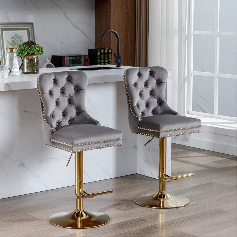 Thick Swivel Velvet Barstools Adjusatble Seat Height From 27-35 Inch, Modern Upholstered Bar Stools With Backs Comfortable Tufted For Home Pub And Kitchen Island (Set Of 2)