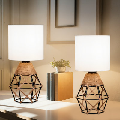 Ensemble de 2 lampes de table, lampes de chevet tissées pour table de chevet avec interrupteur marche / arrêt et abat-jour en tissu blanc