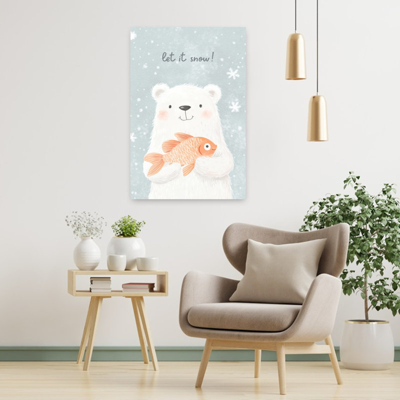 Let It Snow Bear Abstract Contemporary Bear Fish Winter Landscape Wall Art Print by Mathieu - Wrapped Canvas Print