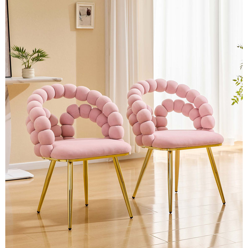 Ensemble de chaises de salle à manger en velours moderne avec dossier à bulles et pieds en métal doré, Pink