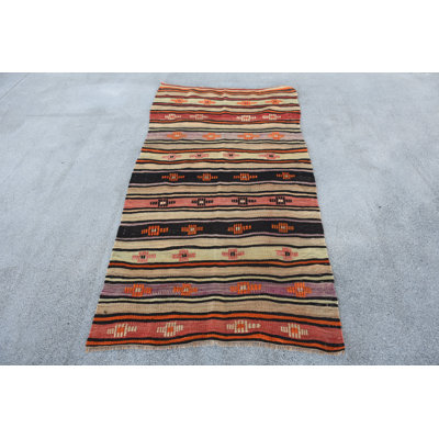 Ethnic Wool Rug, 41.7x79.5 Inch Black Striped Accent Rug