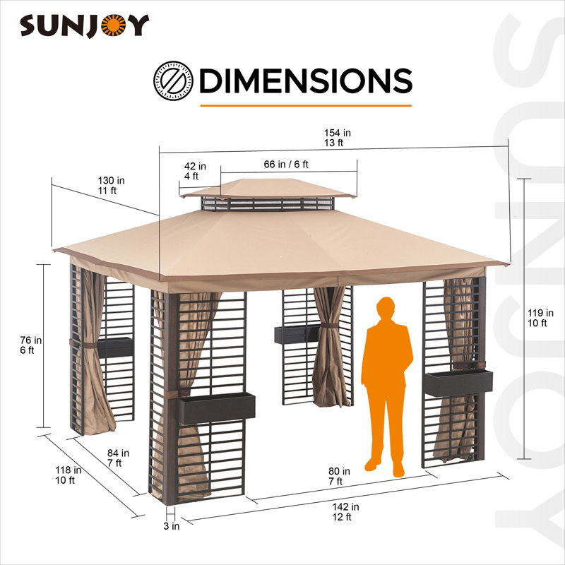 Sunjoy 11 ft. x 13 ft. Gazebos with Planters, Contempo Outdoor Patio Steel 2-Tier Soft Top Gazebo with Netting and Curtains